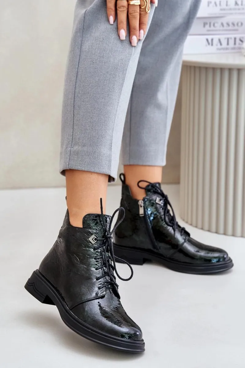 Hot Skórzane Lakierowane Botki Damskie Ocieplane Na Zamek D&A LZ42-042 Ciemnozielone Damskie Botki Ocieplane|Damskie Trapery