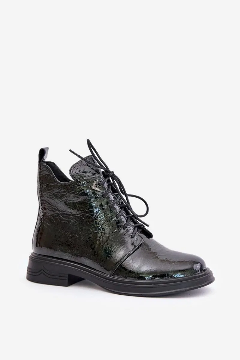 Hot Skórzane Lakierowane Botki Damskie Ocieplane Na Zamek D&A LZ42-042 Ciemnozielone Damskie Botki Ocieplane|Damskie Trapery