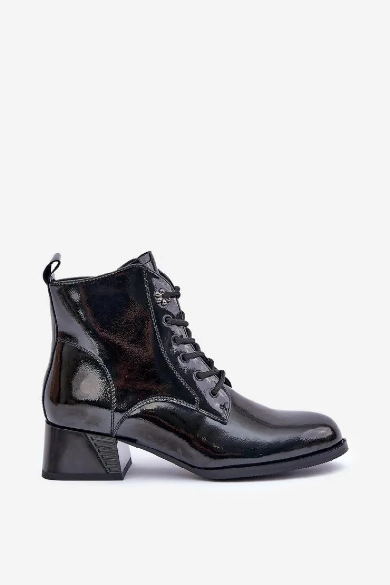 Botki Ocieplane|Botki Sznurowane>Damskie buty S.Barski Skórzane Lakierowane Botki Na Klocku Ocieplane D&A JC42-53 Czarne