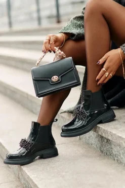 Discount Skórzane Lakierowane Botki Z Ozdobą Wsuwane Ocieplane Czarne Solimav Damskie Botki Ocieplane|Czarne Botki