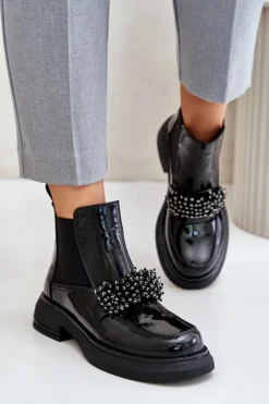 Discount Skórzane Lakierowane Botki Z Ozdobą Wsuwane Ocieplane Czarne Solimav Damskie Botki Ocieplane|Czarne Botki