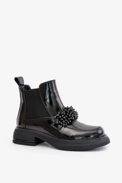 Discount Skórzane Lakierowane Botki Z Ozdobą Wsuwane Ocieplane Czarne Solimav Damskie Botki Ocieplane|Czarne Botki