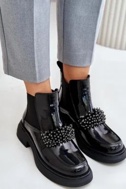 Discount Skórzane Lakierowane Botki Z Ozdobą Wsuwane Ocieplane Czarne Solimav Damskie Botki Ocieplane|Czarne Botki