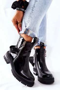 Best Boto Skórzane Lakierowane Botki Z Suwakiem Czarne Cortona