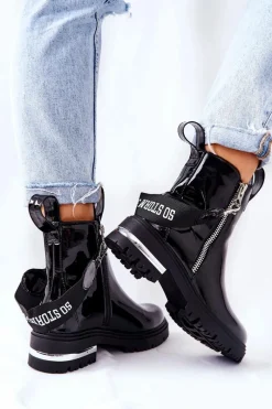 Best Boto Skórzane Lakierowane Botki Z Suwakiem Czarne Cortona