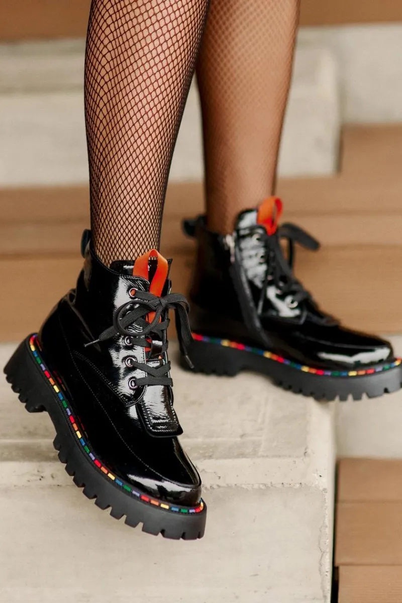 Outlet Boto Skórzane Lakierowane Botki Workery Na Zamek Czarne Anafra