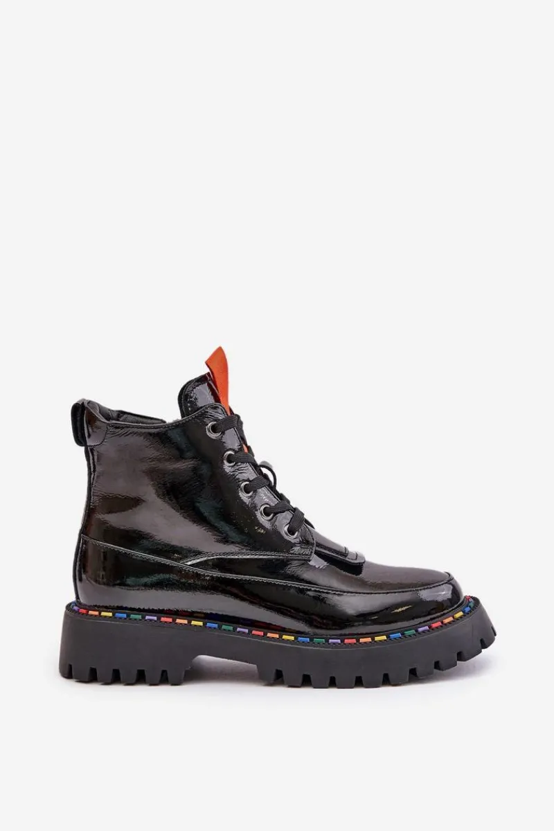 Outlet Boto Skórzane Lakierowane Botki Workery Na Zamek Czarne Anafra