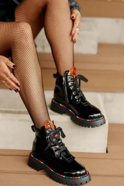 Outlet Boto Skórzane Lakierowane Botki Workery Na Zamek Czarne Anafra