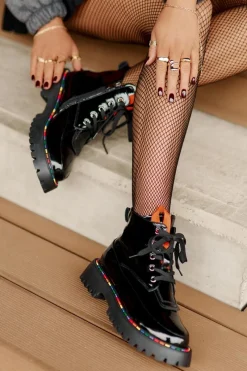 Outlet Boto Skórzane Lakierowane Botki Workery Na Zamek Czarne Anafra