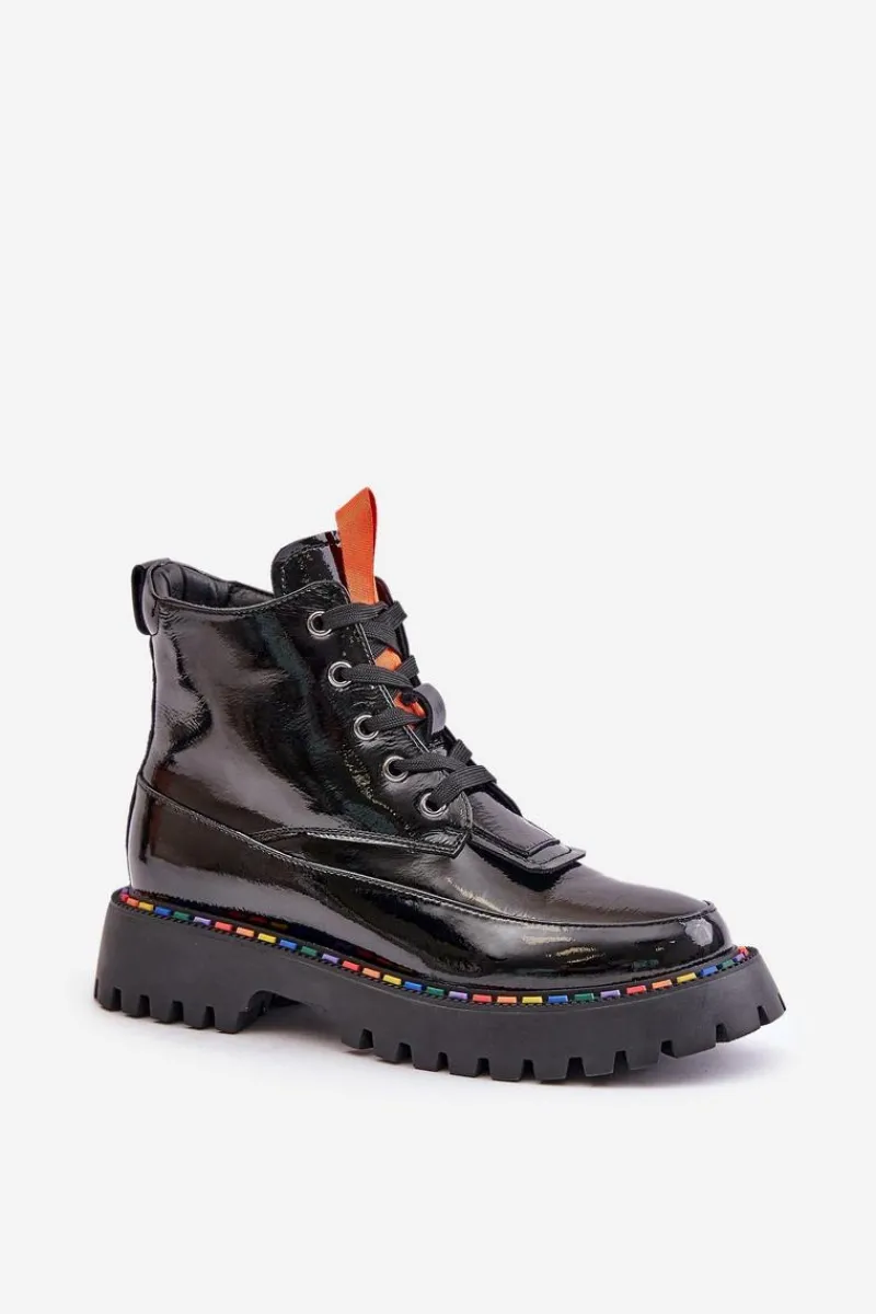 Outlet Boto Skórzane Lakierowane Botki Workery Na Zamek Czarne Anafra