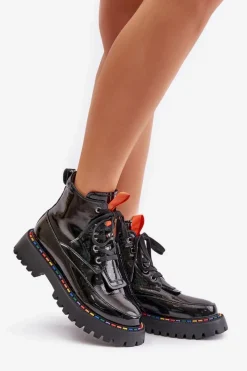 Outlet Boto Skórzane Lakierowane Botki Workery Na Zamek Czarne Anafra