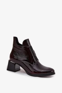 New Zazoo Skórzane Lakierowane Botki Na Klocku Z Ozdobnym Detalem Ocieplane 60560 Bordowe Czerwony