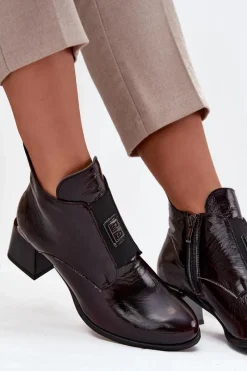 New Zazoo Skórzane Lakierowane Botki Na Klocku Z Ozdobnym Detalem Ocieplane 60560 Bordowe Czerwony