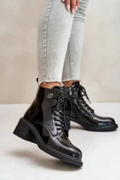 Botki Sznurowane|Czarne Botki>Damskie buty S.Barski Skórzane Lakierowane Botki Na Klocku Ocieplane D&A JC42-78 Czarne