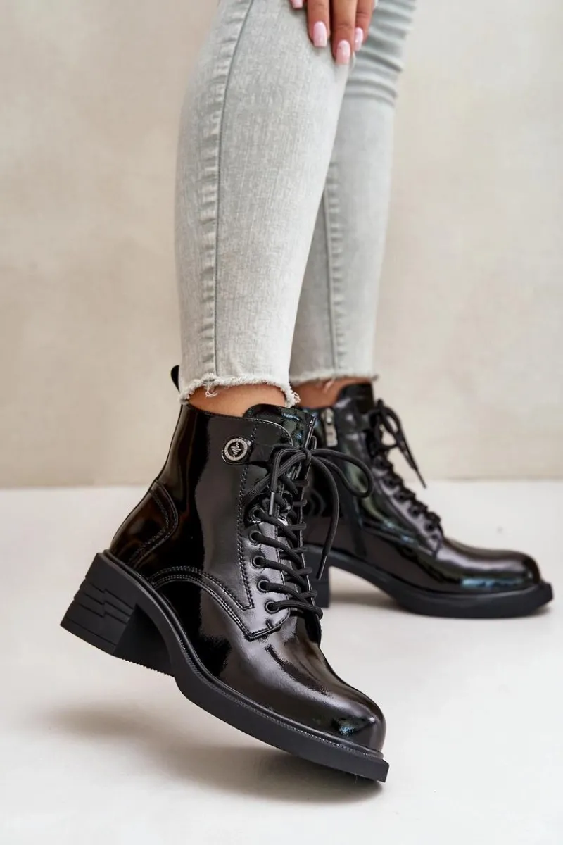 Botki Sznurowane|Czarne Botki>Damskie buty S.Barski Skórzane Lakierowane Botki Na Klocku Ocieplane D&A JC42-78 Czarne