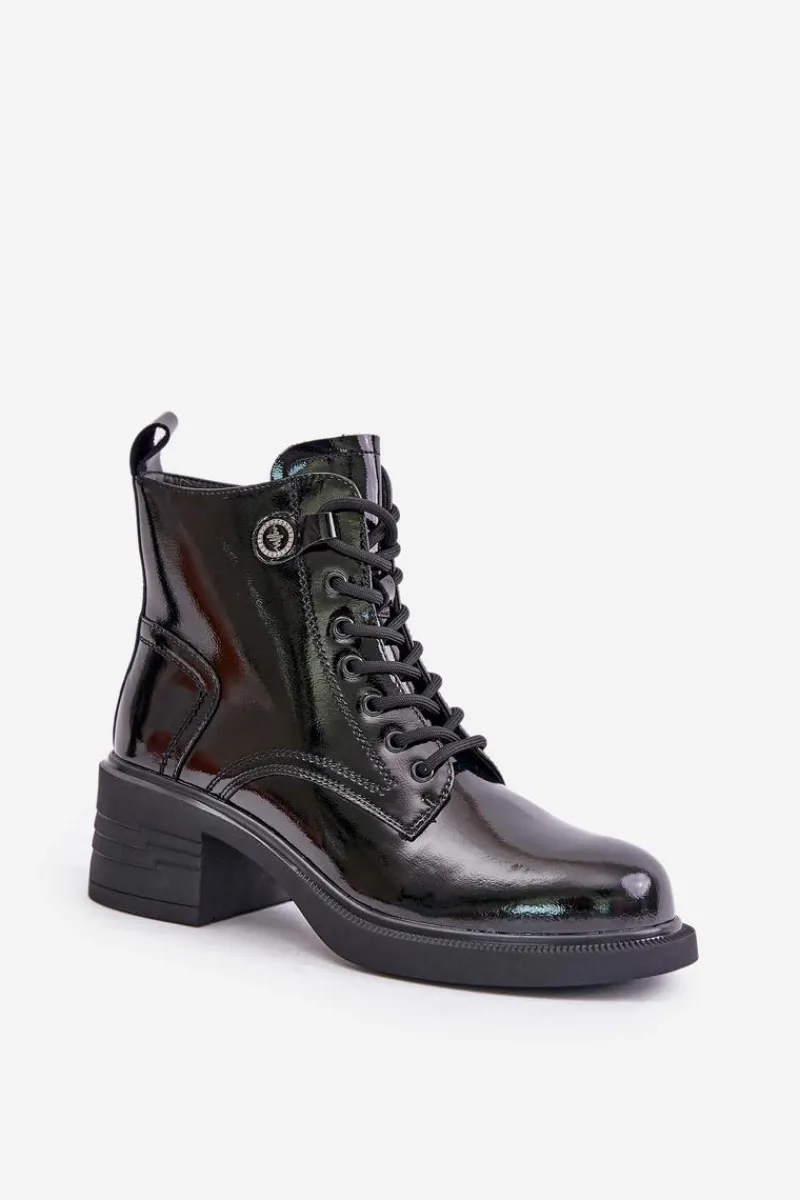 Botki Sznurowane|Czarne Botki>Damskie buty S.Barski Skórzane Lakierowane Botki Na Klocku Ocieplane D&A JC42-78 Czarne