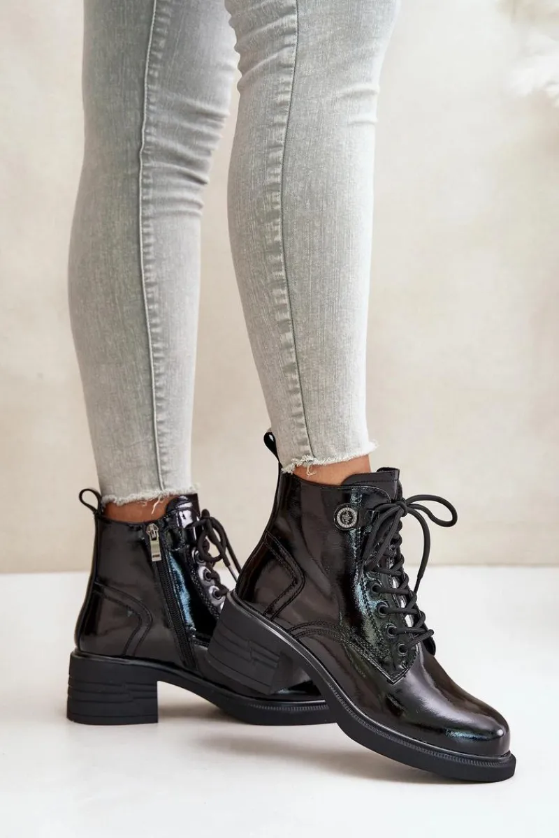 Botki Sznurowane|Czarne Botki>Damskie buty S.Barski Skórzane Lakierowane Botki Na Klocku Ocieplane D&A JC42-78 Czarne