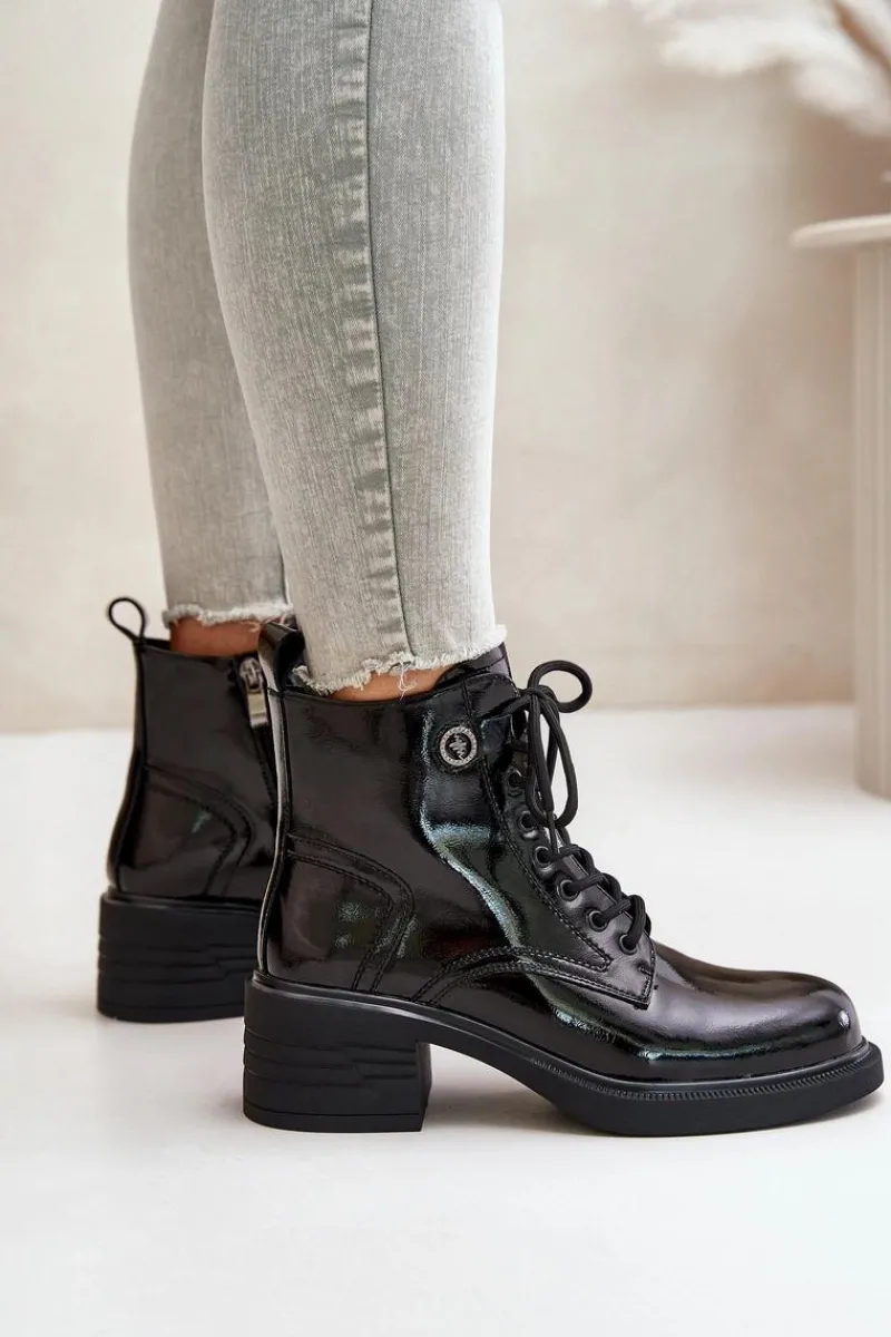 Botki Sznurowane|Czarne Botki>Damskie buty S.Barski Skórzane Lakierowane Botki Na Klocku Ocieplane D&A JC42-78 Czarne