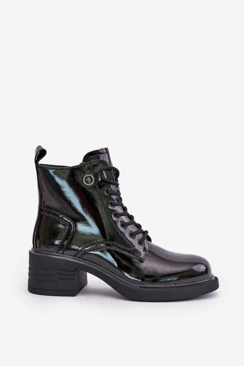 Botki Sznurowane|Czarne Botki>Damskie buty S.Barski Skórzane Lakierowane Botki Na Klocku Ocieplane D&A JC42-78 Czarne