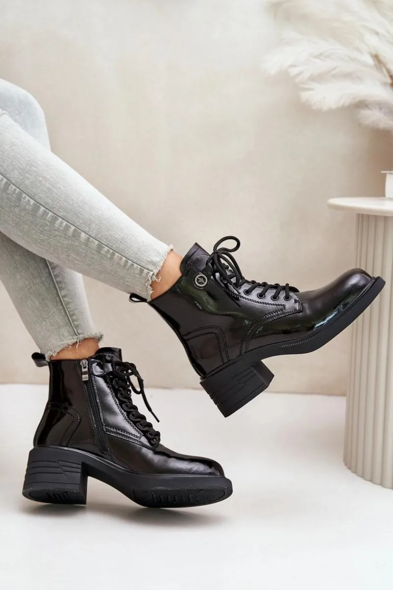 Botki Sznurowane|Czarne Botki>Damskie buty S.Barski Skórzane Lakierowane Botki Na Klocku Ocieplane D&A JC42-78 Czarne