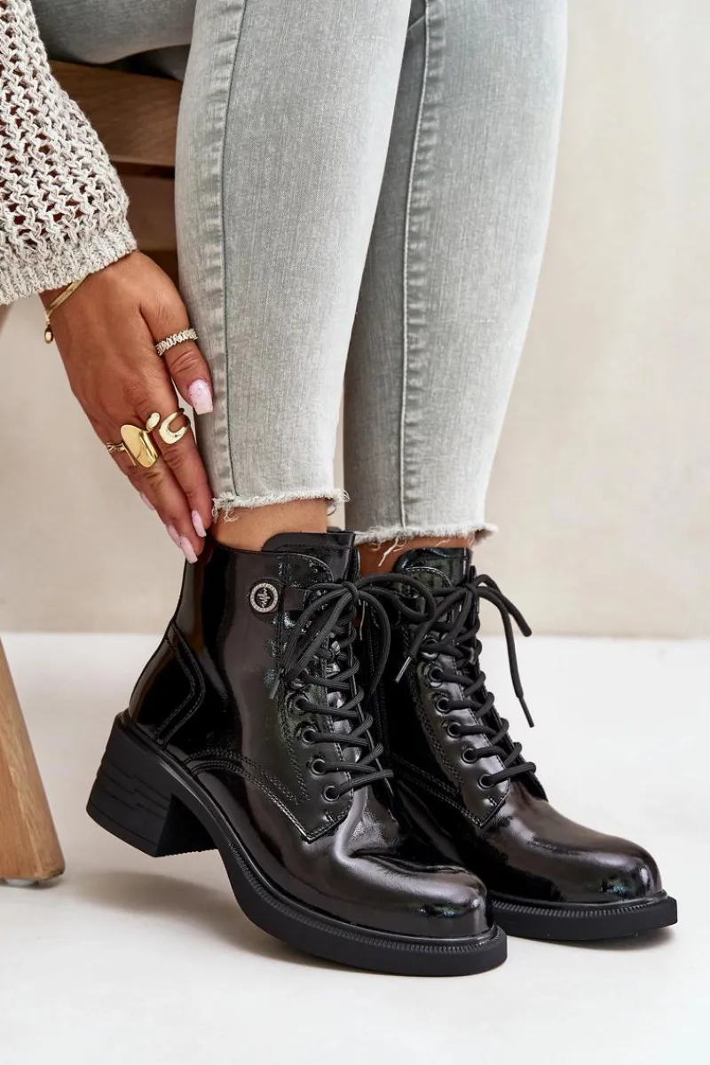 Botki Sznurowane|Czarne Botki>Damskie buty S.Barski Skórzane Lakierowane Botki Na Klocku Ocieplane D&A JC42-78 Czarne