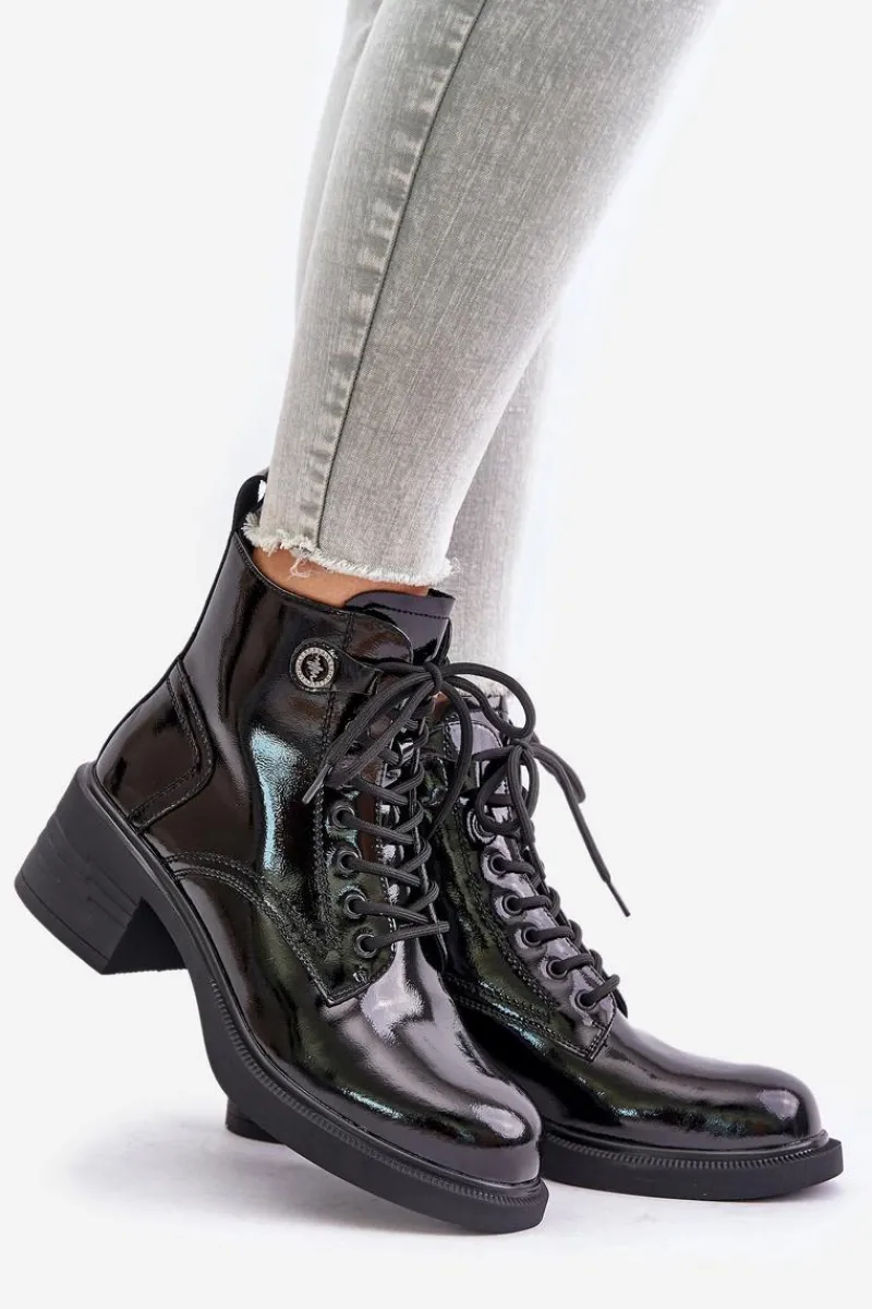 Botki Sznurowane|Czarne Botki>Damskie buty S.Barski Skórzane Lakierowane Botki Na Klocku Ocieplane D&A JC42-78 Czarne