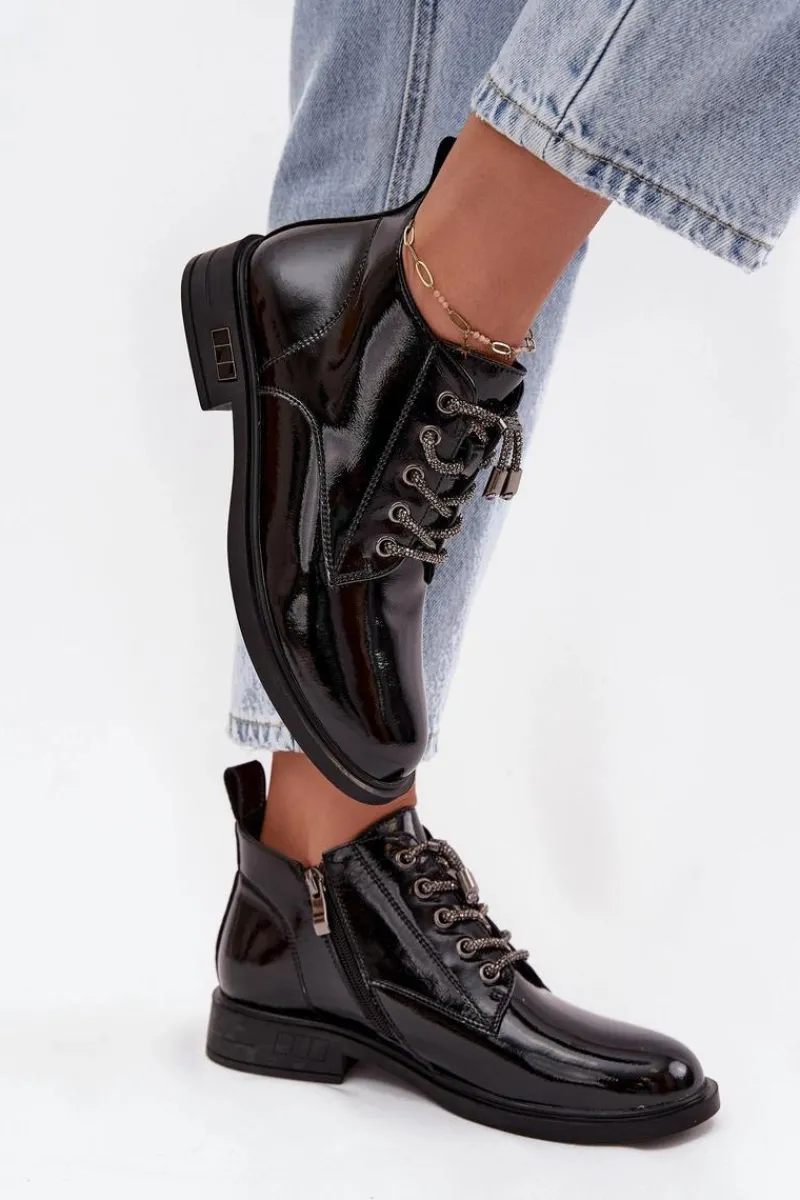 Sale Skórzane Lakierowane Botki Damskie Z Ozdobnym Sznurowaniem MR52-124 Czarne Damskie Botki Ocieplane|Botki Sznurowane