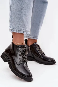Sale Skórzane Lakierowane Botki Damskie Z Ozdobnym Sznurowaniem MR52-124 Czarne Damskie Botki Ocieplane|Botki Sznurowane