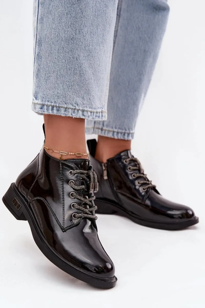 Sale Skórzane Lakierowane Botki Damskie Z Ozdobnym Sznurowaniem MR52-124 Czarne Damskie Botki Ocieplane|Botki Sznurowane