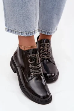 Sale Skórzane Lakierowane Botki Damskie Z Ozdobnym Sznurowaniem MR52-124 Czarne Damskie Botki Ocieplane|Botki Sznurowane