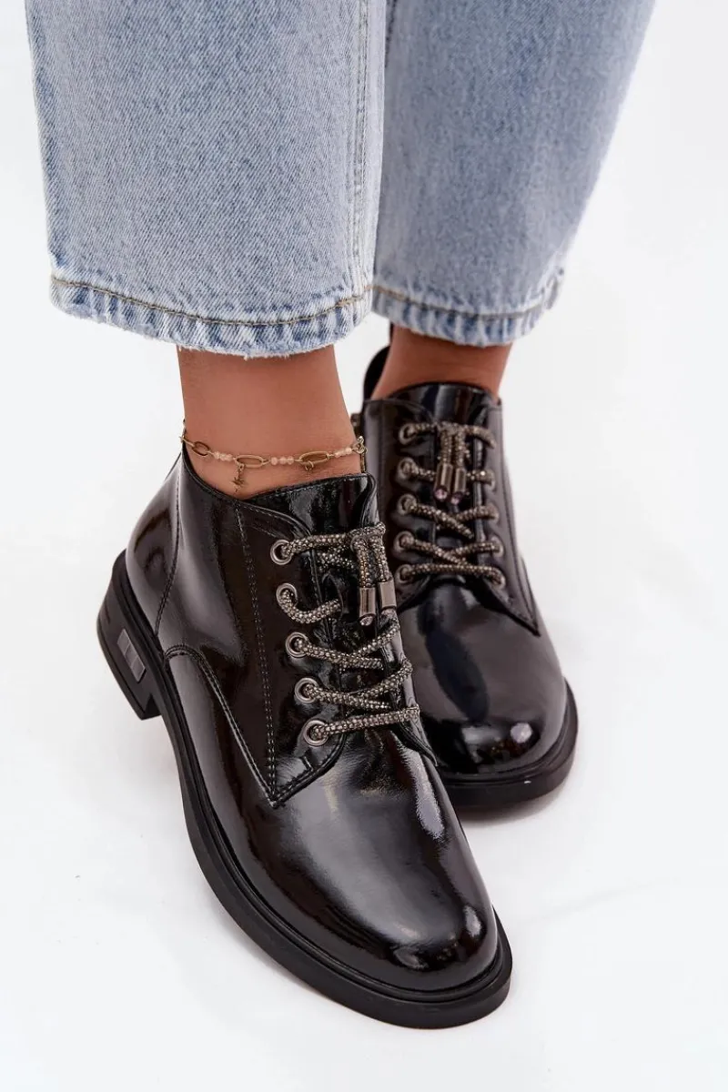 Sale Skórzane Lakierowane Botki Damskie Z Ozdobnym Sznurowaniem MR52-124 Czarne Damskie Botki Ocieplane|Botki Sznurowane