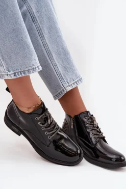 Sale Skórzane Lakierowane Botki Damskie Z Ozdobnym Sznurowaniem MR52-124 Czarne Damskie Botki Ocieplane|Botki Sznurowane