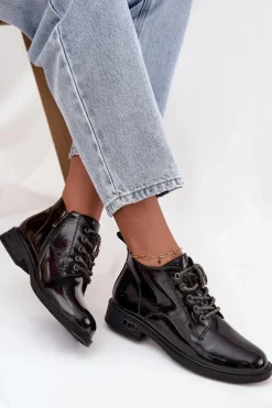 Sale Skórzane Lakierowane Botki Damskie Z Ozdobnym Sznurowaniem MR52-124 Czarne Damskie Botki Ocieplane|Botki Sznurowane