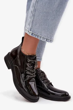 Sale Skórzane Lakierowane Botki Damskie Z Ozdobnym Sznurowaniem MR52-124 Czarne Damskie Botki Ocieplane|Botki Sznurowane