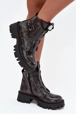 Outlet Artiker Skórzane Lakierowane Botki Damskie Z Ozdobą Ocieplane 57C2081 Grafitowe Szary