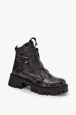 Outlet Artiker Skórzane Lakierowane Botki Damskie Z Ozdobą Ocieplane 57C2081 Grafitowe Szary