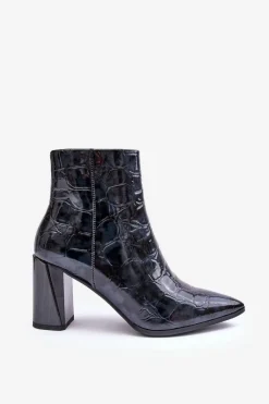 Clearance Damskie buty S.Barski Skórzane Lakierowane Botki Na Słupku S.Barski MR870-58 Granatowe