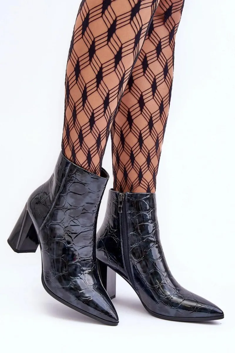 Clearance Damskie buty S.Barski Skórzane Lakierowane Botki Na Słupku S.Barski MR870-58 Granatowe