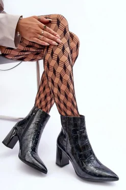 Clearance Damskie buty S.Barski Skórzane Lakierowane Botki Na Słupku S.Barski MR870-58 Granatowe