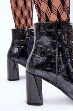 Clearance Damskie buty S.Barski Skórzane Lakierowane Botki Na Słupku S.Barski MR870-58 Granatowe