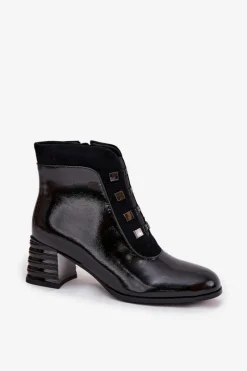 Sale D&A Skórzane Lakierowane Botki Damskie Na Słupku MR52-144 Czarne