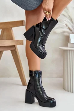 Sale Damskie buty S.Barski Skórzane Lakierowane Botki Damskie Na Masywnym Słupku Ocieplane D&A CR42-189 Czarne