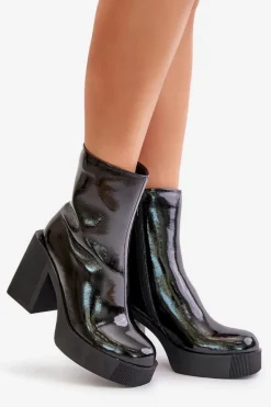 Sale Damskie buty S.Barski Skórzane Lakierowane Botki Damskie Na Masywnym Słupku Ocieplane D&A CR42-189 Czarne