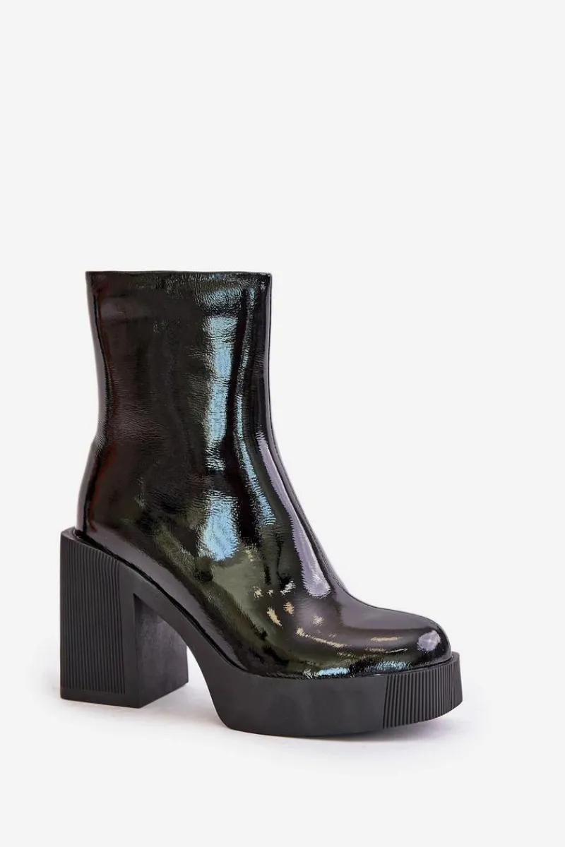 Sale Damskie buty S.Barski Skórzane Lakierowane Botki Damskie Na Masywnym Słupku Ocieplane D&A CR42-189 Czarne