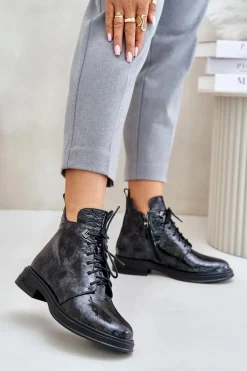 Clearance Damskie buty S.Barski Skórzane Lakierowane Botki Damskie Ocieplane Na Zamek D&A LZ42-042 Czarno-Szare Czarny