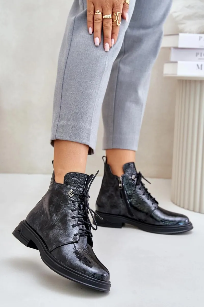 Clearance Damskie buty S.Barski Skórzane Lakierowane Botki Damskie Ocieplane Na Zamek D&A LZ42-042 Czarno-Szare Czarny