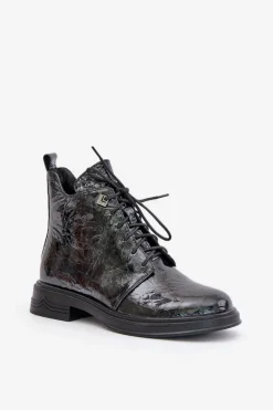 Clearance Damskie buty S.Barski Skórzane Lakierowane Botki Damskie Ocieplane Na Zamek D&A LZ42-042 Czarno-Szare Czarny