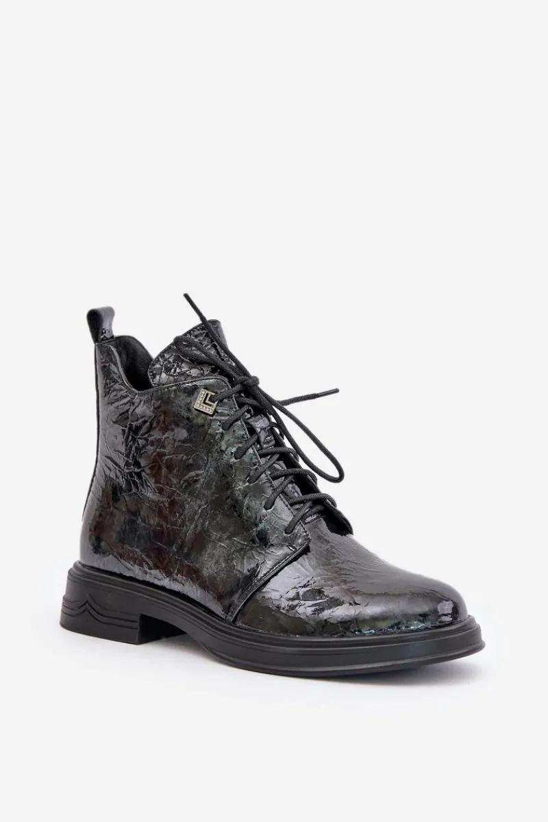 Clearance Damskie buty S.Barski Skórzane Lakierowane Botki Damskie Ocieplane Na Zamek D&A LZ42-042 Czarno-Szare Czarny