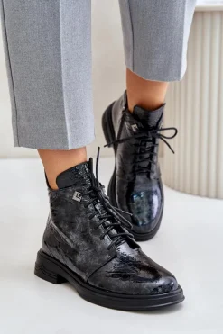 Clearance Damskie buty S.Barski Skórzane Lakierowane Botki Damskie Ocieplane Na Zamek D&A LZ42-042 Czarno-Szare Czarny