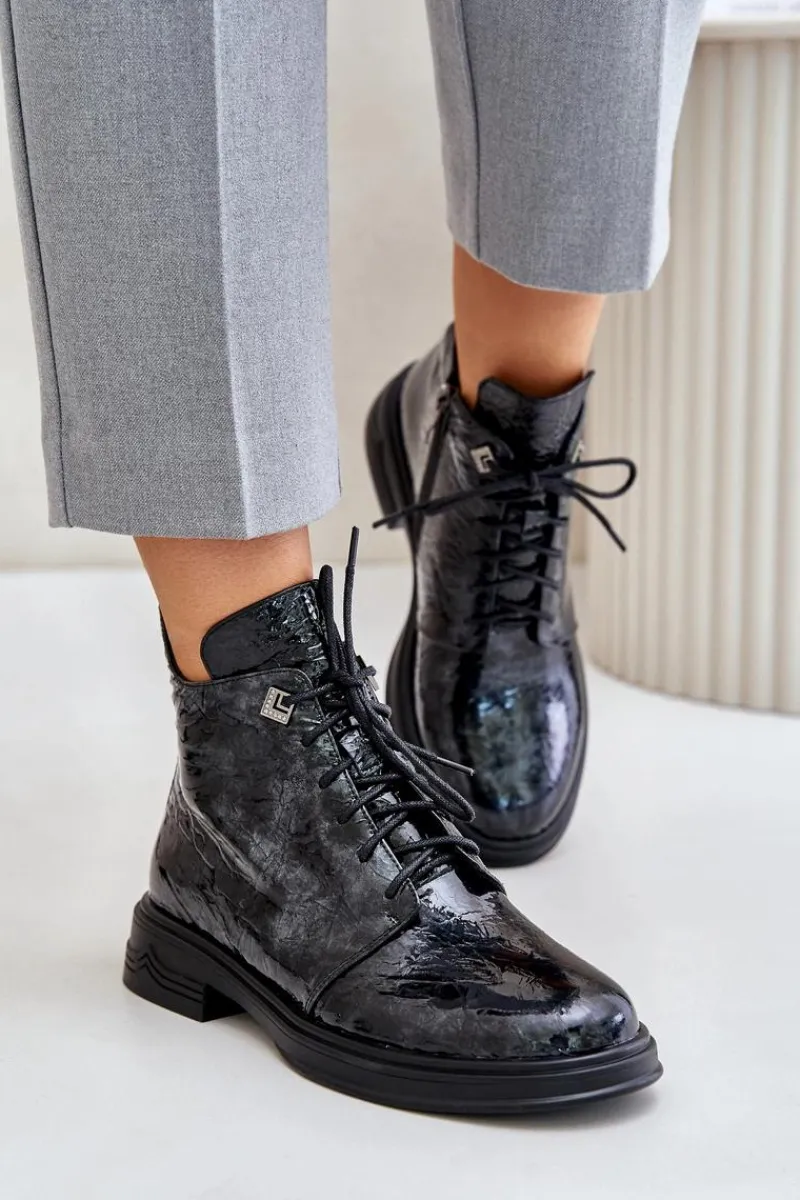 Clearance Damskie buty S.Barski Skórzane Lakierowane Botki Damskie Ocieplane Na Zamek D&A LZ42-042 Czarno-Szare Czarny